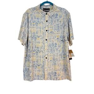 NWT Men's DaKine Aloha Button Down Short Sleeve Shirt Tan Blue Hawaiian Print